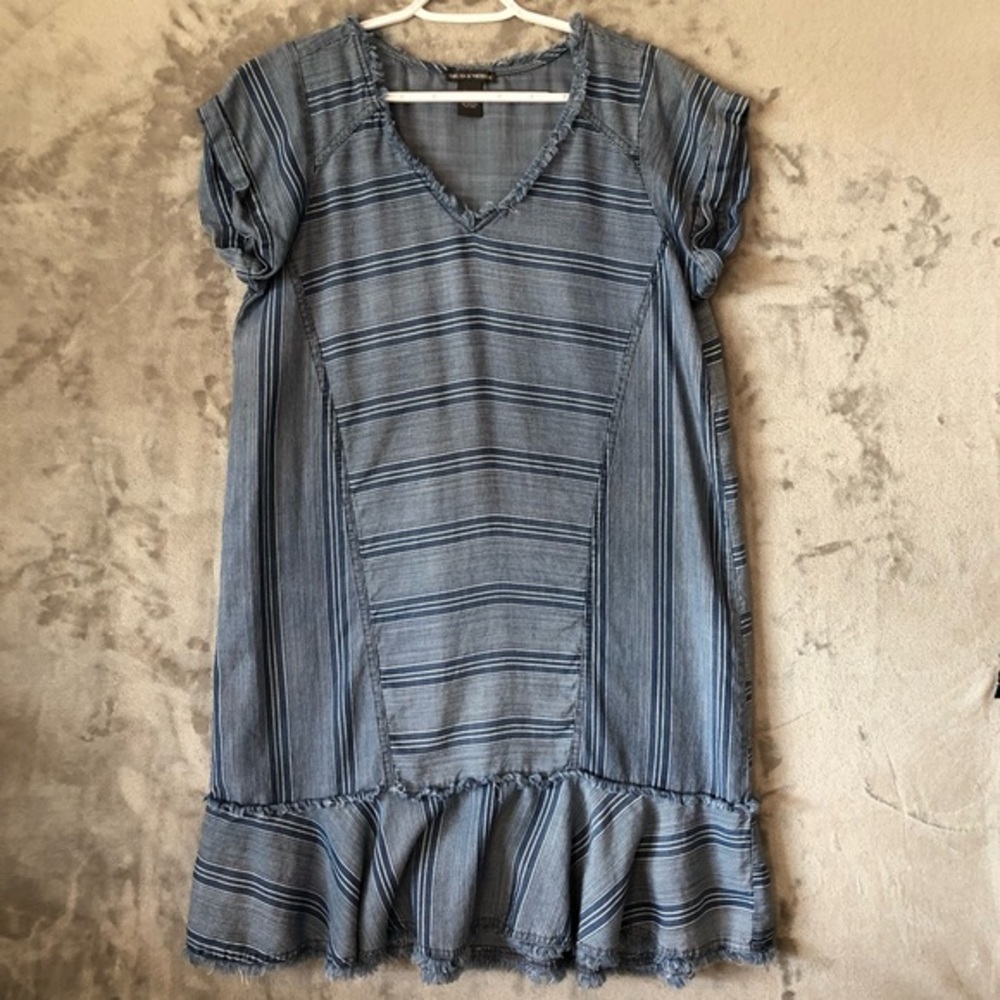 Comfortable 100% Lyocell Striped‎ Ruffle Hem Frayed Shift Dress Blue L